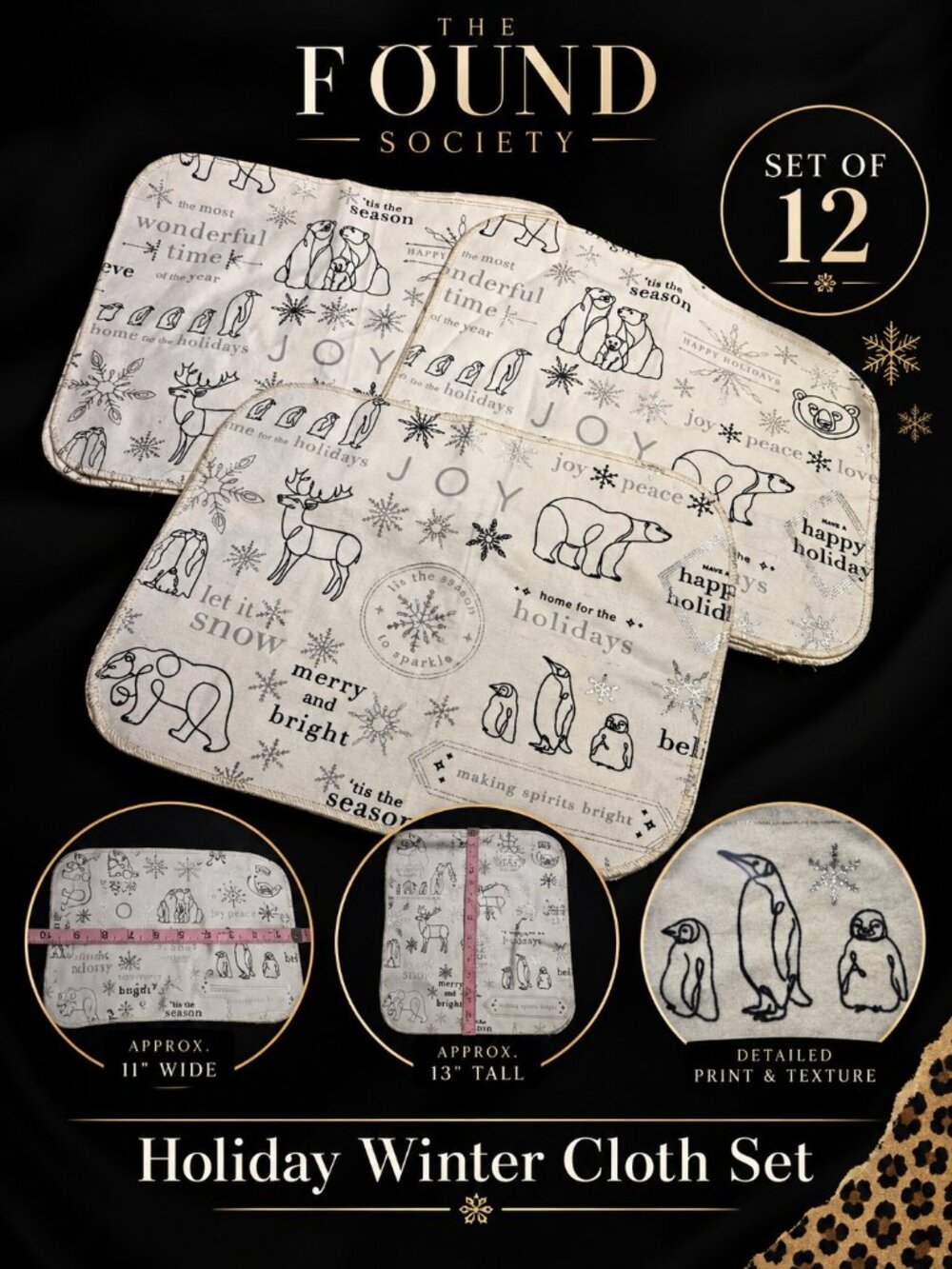 Holiday Winter Cloth Napkins Set of 12 Polar Bears Penguins Silver NWOT